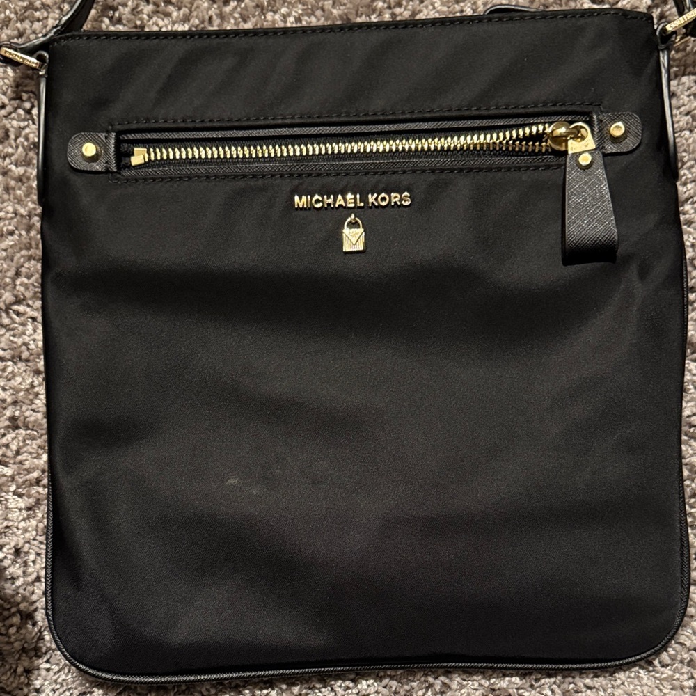 Michael Kors Black Nylon Messenger Bag with Gold Hardware